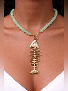 Gold Fishbone Pendant Necklace with Pale Green Beaded Strand